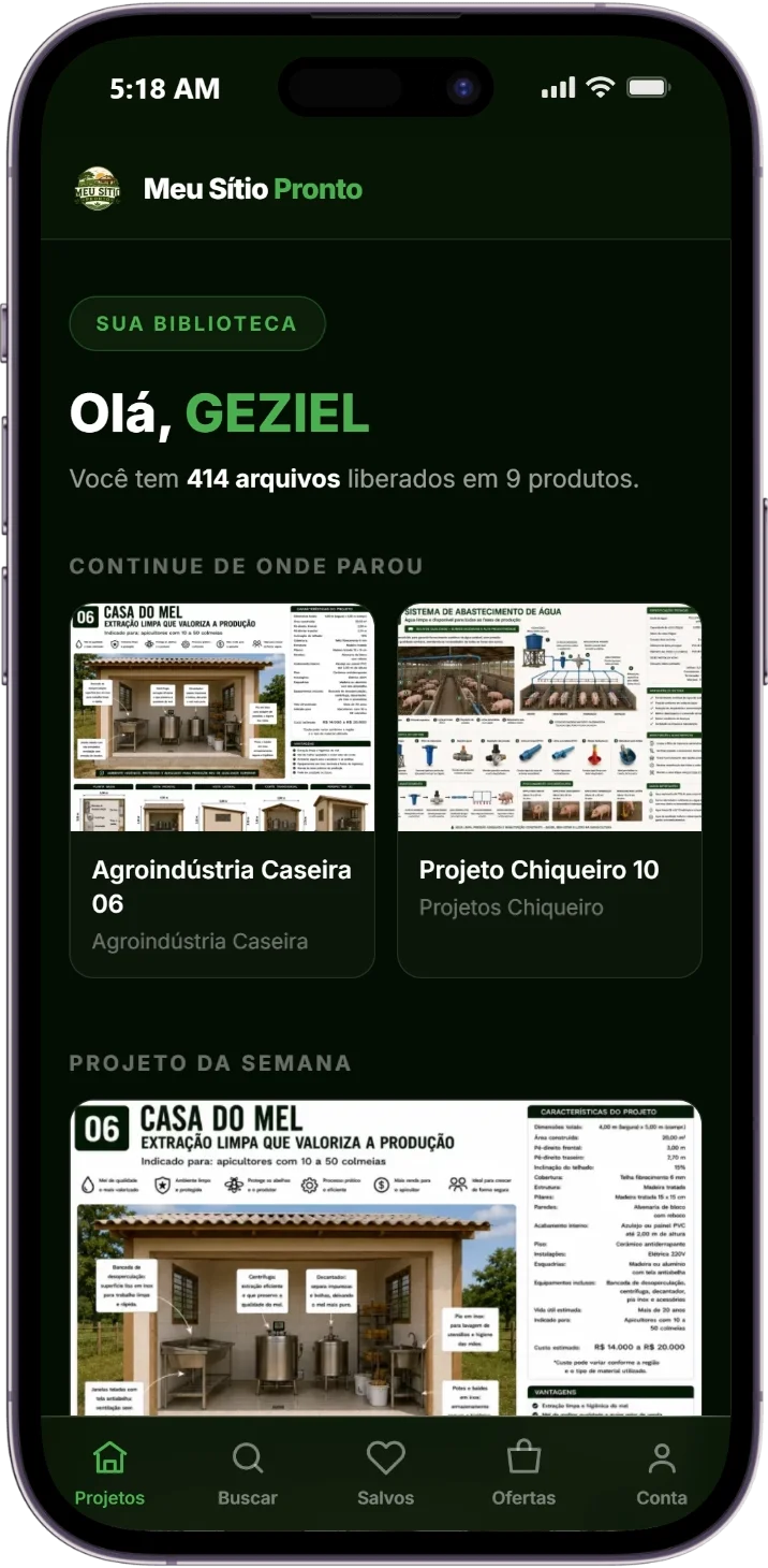 Tela inicial do aplicativo Meu Sítio Pronto — sua biblioteca de projetos liberados