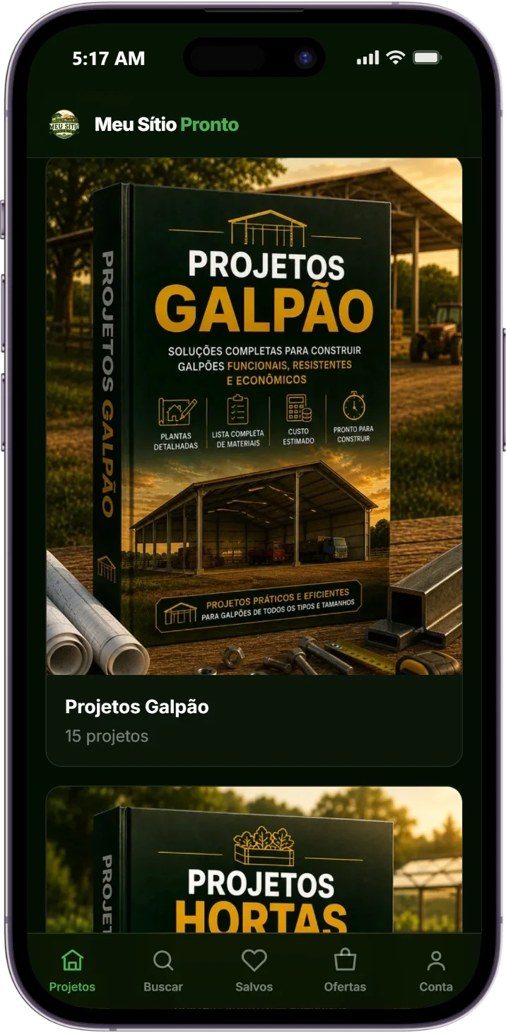 Aplicativo Meu Sítio Pronto — catálogo de projetos por categoria com plantas, materiais e custo
